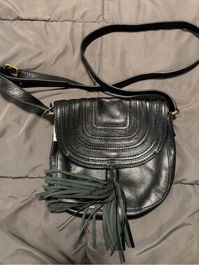 Fossil Black Leather Tassel Saddle Crossbody